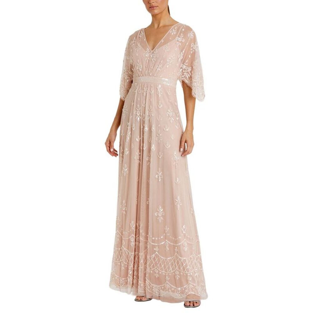 Mac Duggal Womens V-Neck Flounce Sleeve Embellished Mesh Gown